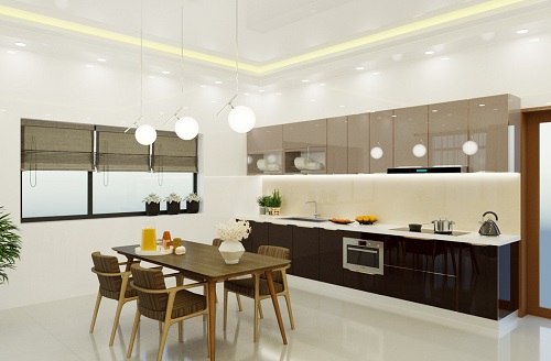 tủ bếp chữ i kết hợp lò nướng và máy hút mùi